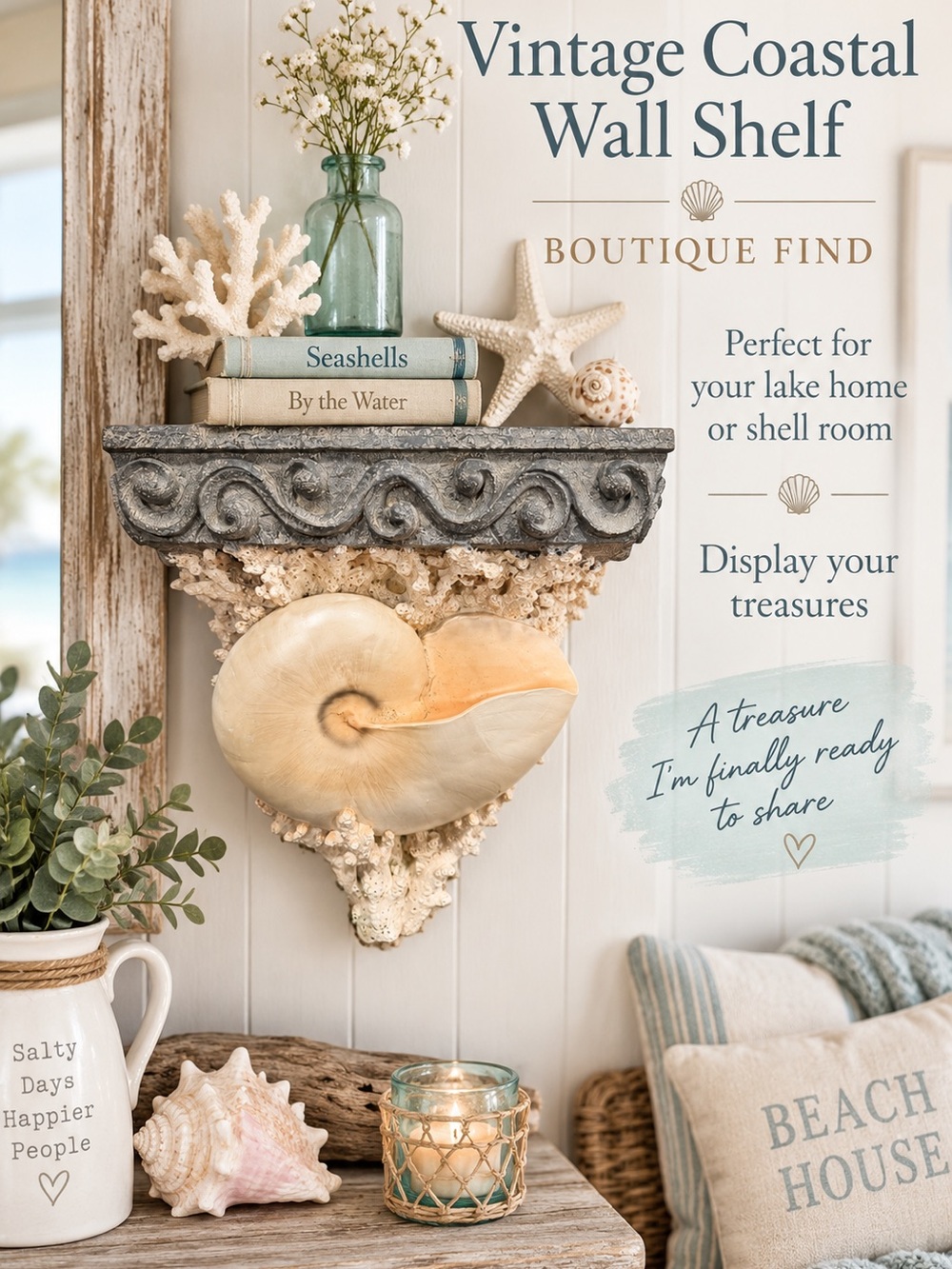Vintage Coastal Wall Shelf - Cream and Gray Nautical Shelf